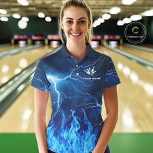 Load image into Gallery viewer, Custom Womens Bowling Thunder Lightning Shirts, Fire Flame Bowling Team Jerseys | Blue NYN3419