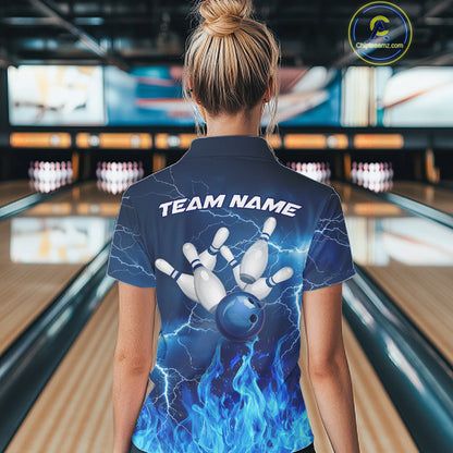 Custom Womens Bowling Thunder Lightning Shirts, Fire Flame Bowling Team Jerseys | Blue NYN3419