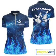 Load image into Gallery viewer, Blue Thunder Lightning Bowling Shirt For Women Fire Flame Bowling Team Jersey