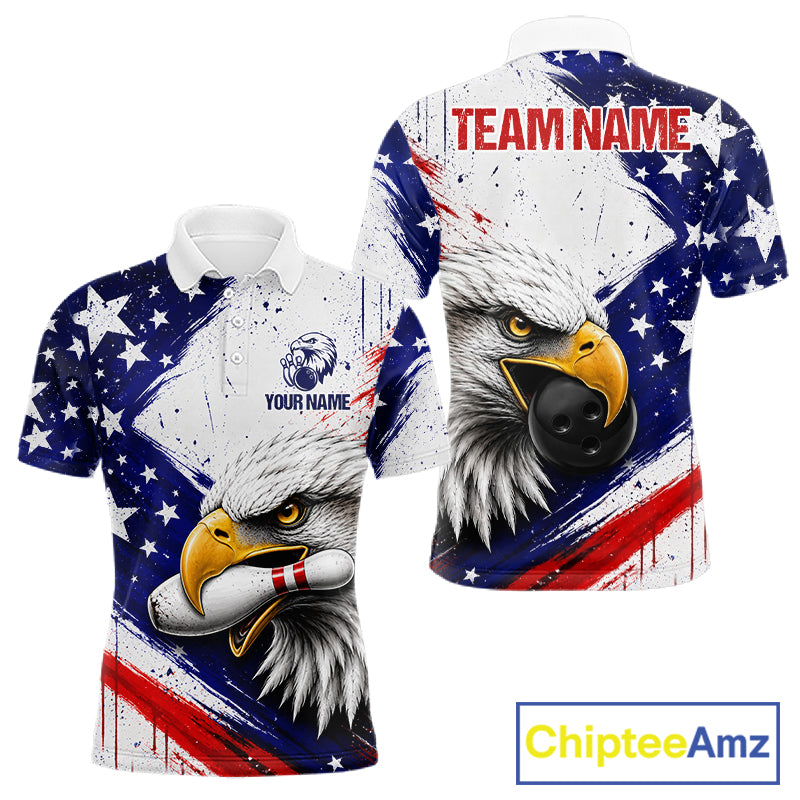 Men's custom bowling polo featuring distressed grunge eagle with bowling ball and pins, personalized performance bowling shirt for USBC tournaments, bowling leagues, patriotic sportswear, eagle lovers, wildlife enthusiasts and outdoor adventurers, symbolizing freedom, leadership, courage, resilience and victory
