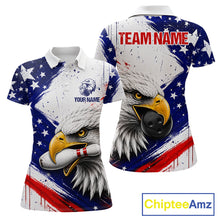Load image into Gallery viewer, Women's custom bowling polo featuring grunge eagle with bowling ball and pins, personalized performance bowling shirt for USBC league, patriotic sportswear, eagle lovers, wildlife enthusiasts, outdoor lifestyle, symbolizing freedom, leadership, courage, resilience and victory.