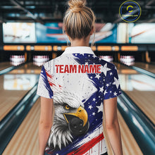 Load image into Gallery viewer, Female bowler wearing grunge eagle bowling jersey during league competition, premium sportswear for wildlife lovers, patriotic women and tournament bowlers, symbolizing strength, ambition and resilience.