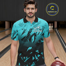Load image into Gallery viewer, Male bowler wearing black turquoise bowling jersey during championship play, premium sportswear representing leadership, precision and determination.