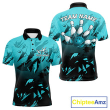 Load image into Gallery viewer, Men's bowling polo featuring black and turquoise strike graphics, personalized performance bowling shirt for technology lovers, esports players, graphic designers and tournament bowlers, symbolizing precision, balance, resilience and confidence
