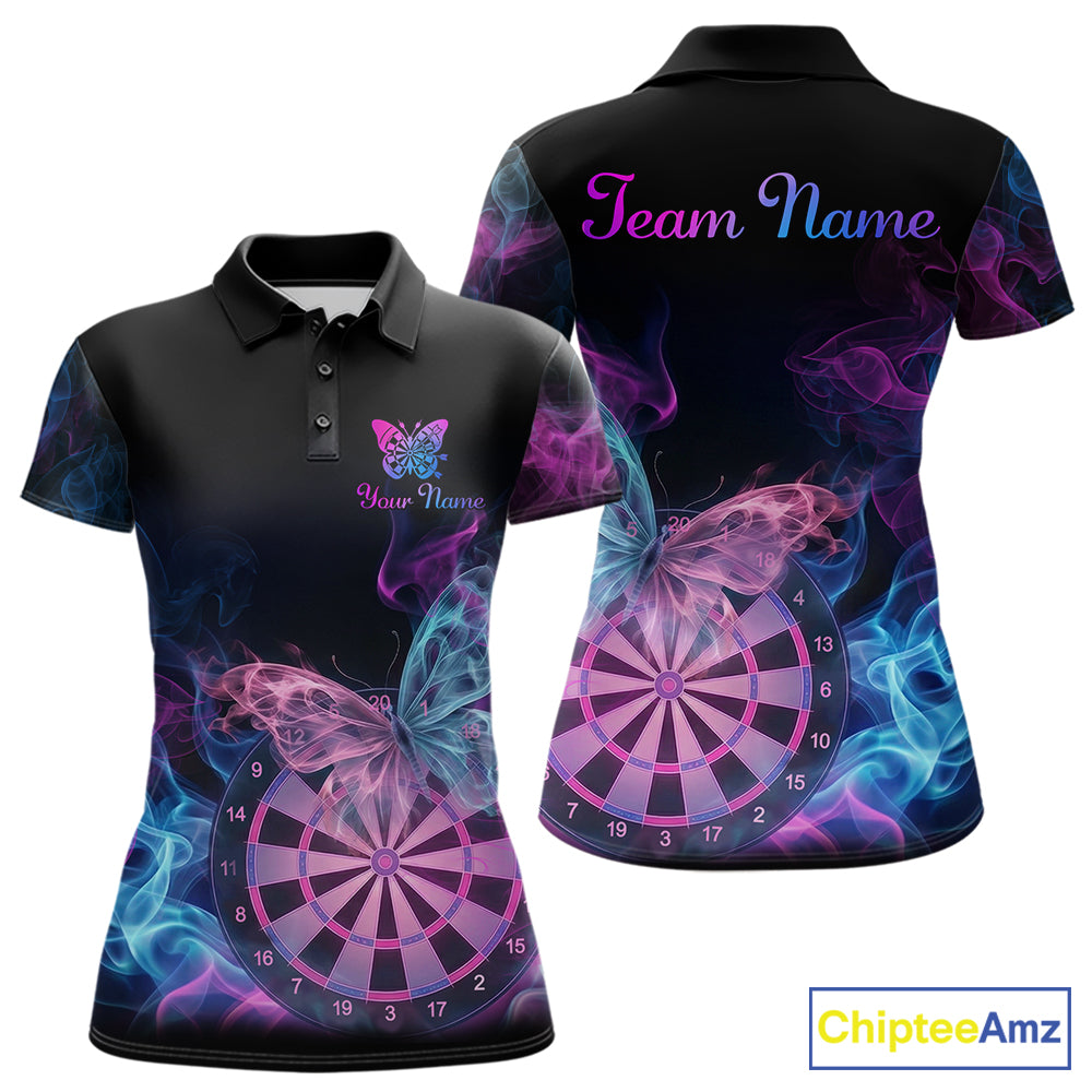 Smoke Butterfly Dartboard Women Dart Polo & 1/4-Zip Shirt Custom Blue Pink Dart Jersey For Darters NYN3001