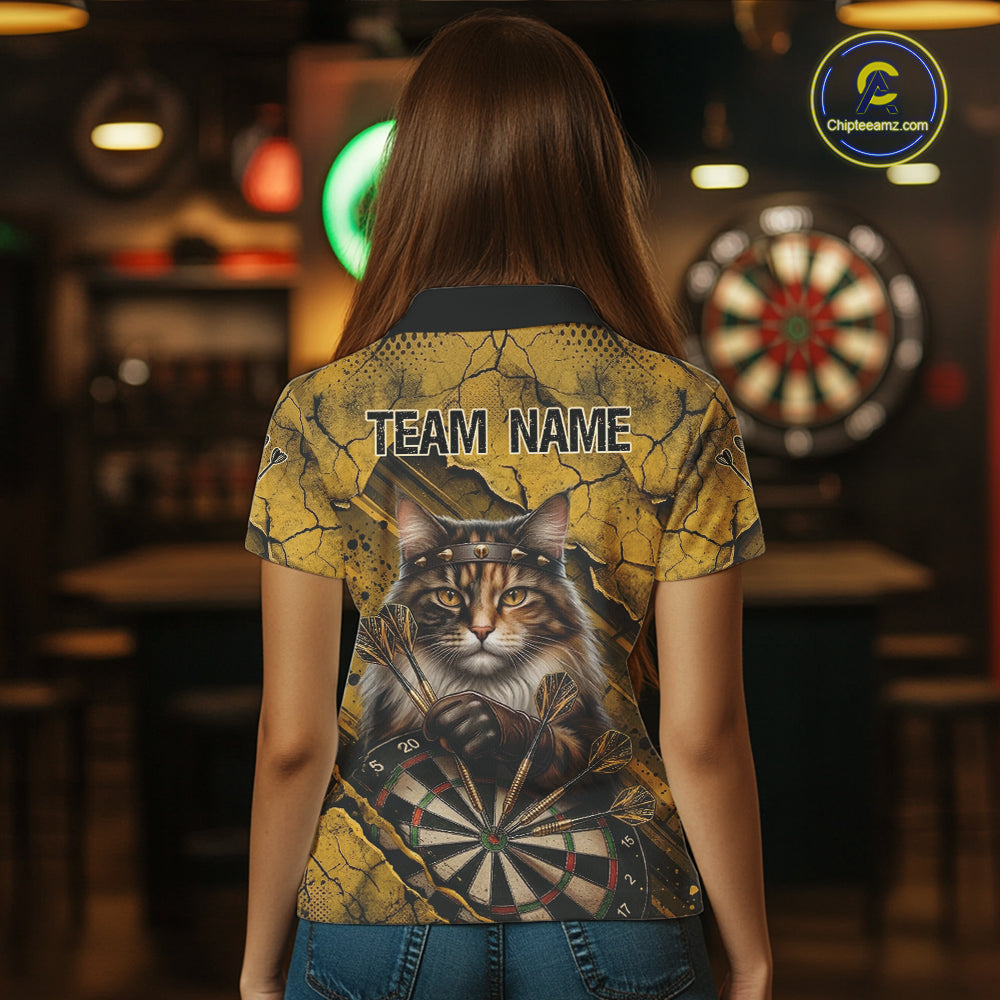 Funny Cat Cracked Darts Shirt For Women Custom Yellow Grunge Darts Team Jersey, Darts Gifts NYN3006
