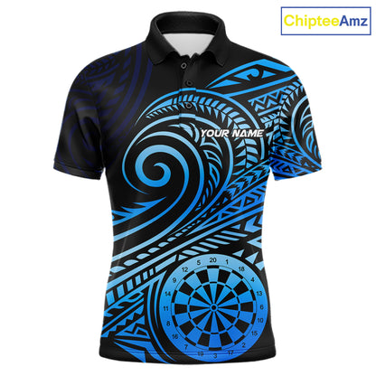 Black Blue Tribal Pattern Men Darts Polo & 1/4-Zip Shirt Personalized Tribal Dart Team Appeal NYN3007