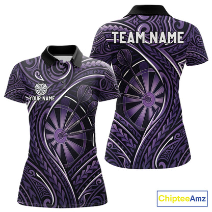 Black Purple Tribal Pattern Darts Polo & 1/4-Zip Shirt For Women Personalized Tribal Dart Team Appeal NYN3009