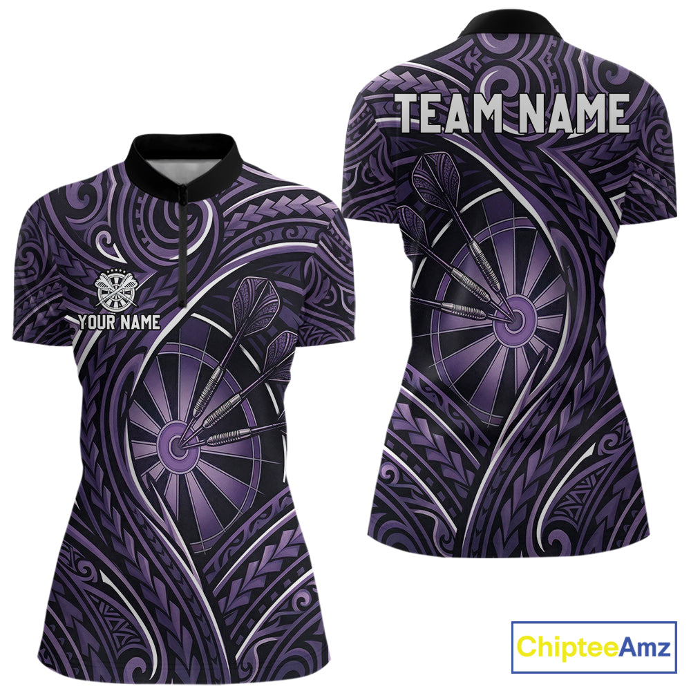 Black Purple Tribal Pattern Darts Polo & 1/4-Zip Shirt For Women Personalized Tribal Dart Team Appeal NYN3009