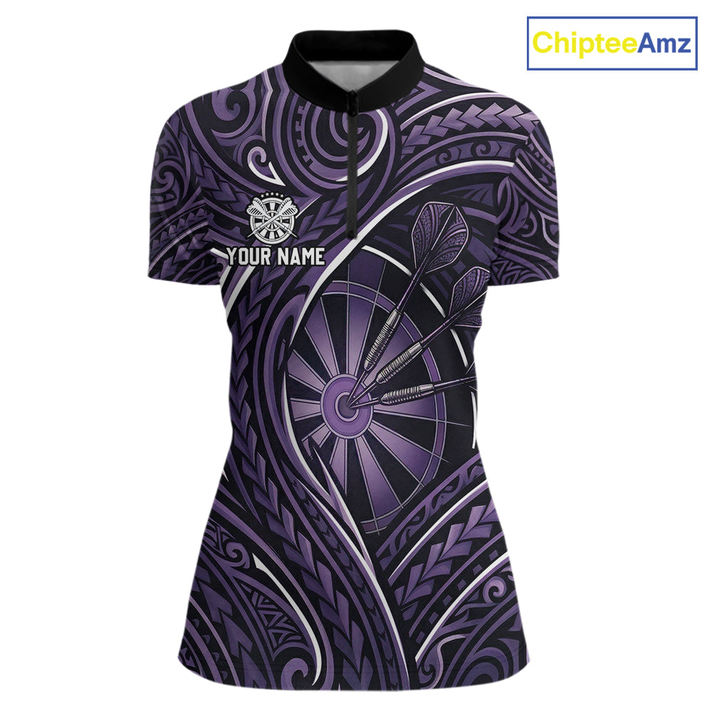 Black Purple Tribal Pattern Darts Polo & 1/4-Zip Shirt For Women Personalized Tribal Dart Team Appeal NYN3009