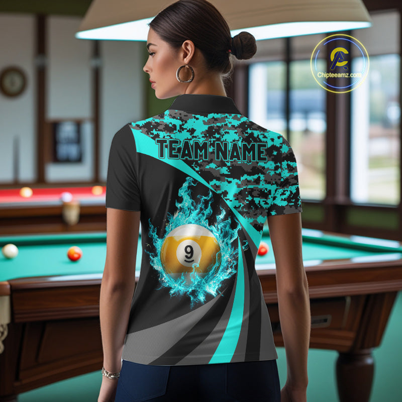 Flame 8 Ball & 9 Ball Billiard Pool Shirt For Women Custom Black And Teal Camo Billiard Team Attire NYN3429
