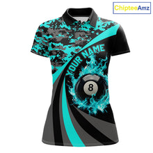 Load image into Gallery viewer, Black Teal Camo Flame 8 Ball 9 Ball Pool Shirt For Women Custom Billiard Team Jersey