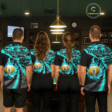 Load image into Gallery viewer, Flame 8 Ball &amp; 9 Ball Billiard Pool Shirt For Men Custom Black And Teal Camo Billiard Team Attire NYN3429