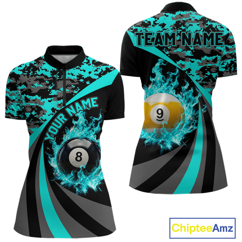 Black Teal Camo Flame 8 Ball 9 Ball Pool Shirt For Women Custom Billiard Team Jersey
