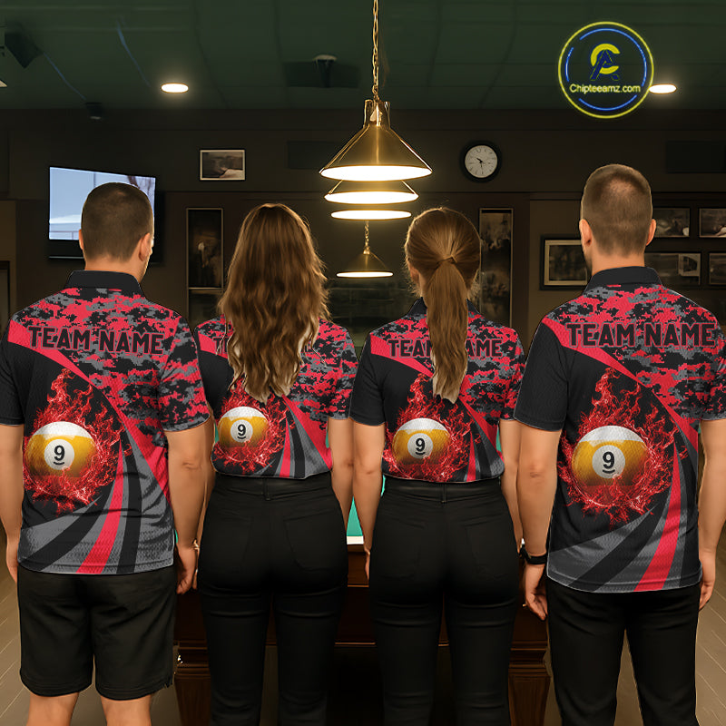 Flame 8 Ball & 9 Ball Billiard Pool Shirt For Men Custom Black And Red Camo Billiard Team Attire NYN3430