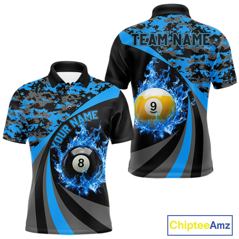 Black Blue Camo Flame 8 Ball 9 Ball Pool Shirt For Men Custom Billiard Team Jersey