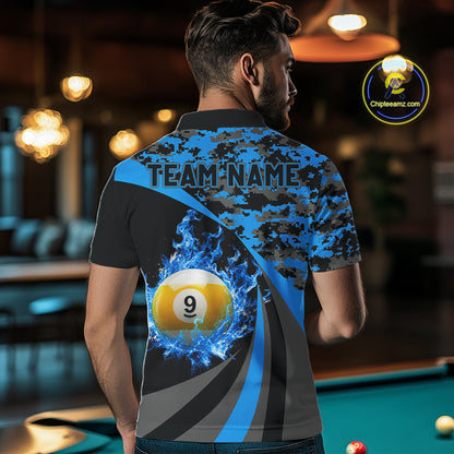 Flame 8 Ball & 9 Ball Billiard Pool Shirt For Men Custom Black And Blue Camo Billiard Team Attire NYN3431
