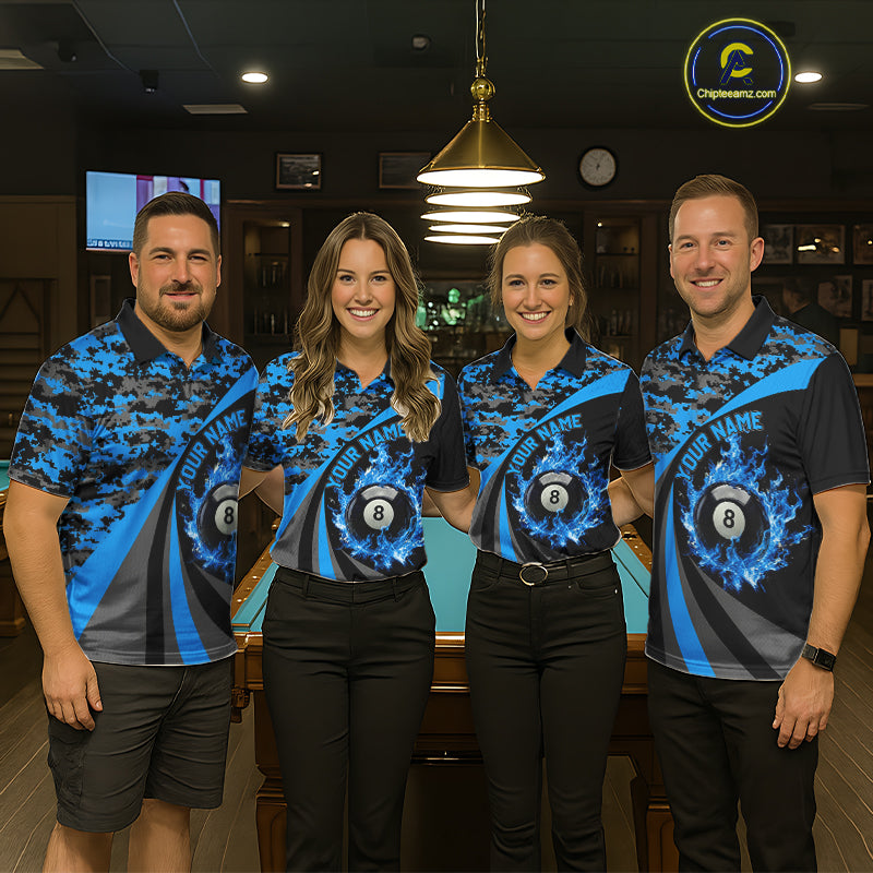 Flame 8 Ball & 9 Ball Billiard Pool Shirt For Men Custom Black And Blue Camo Billiard Team Attire NYN3431