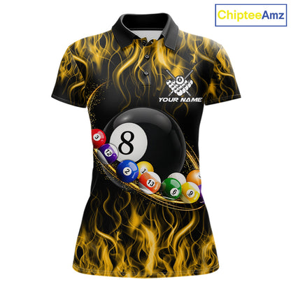 Yellow Light Fire Flame 8 Ball Pool Shirt For Women Custom Billiard Ball Team Jersey