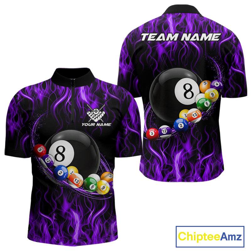 Purple Light Fire Flame 8 Ball Pool Shirt For Men Custom Billiard Ball Team Jersey