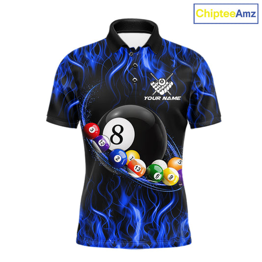 Blue Light Fire Flame 8 Ball Pool Shirt For Men Custom Billiard Ball Team Jersey