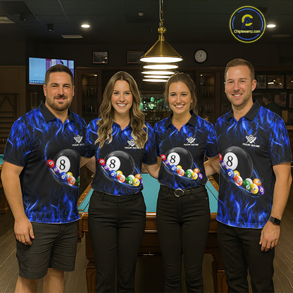Fire Flame 8 Ball Billiard Pool Shirt For Men Custom Blue Light Billiard Ball Team Jersey NYN3434