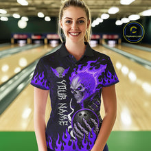 Load image into Gallery viewer, Female model wearing Purple Flames Skull bowling polo shirt, custom women's bowling league jersey, personalized tournament uniform, edgy gothic bowling apparel, performance athletic clothing