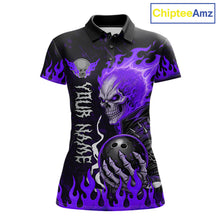 Load image into Gallery viewer, Purple Flames Skull women's bowling polo featuring gothic skull artwork with purple flames, personalized bowling team jersey, custom league apparel, alternative sports fashion, tournament bowling uniform, performance polo, rock-inspired athletic wear