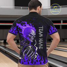 Load image into Gallery viewer, Male model wearing Purple Flames Skull bowling polo, custom bowling team jersey, league tournament apparel, biker-inspired bowling fashion, personalized athletic performance shirt