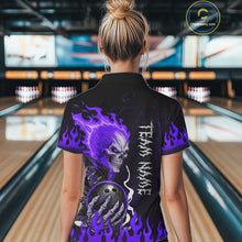 Load image into Gallery viewer, Female model wearing Purple Flames Skull bowling polo shirt, custom women's bowling league jersey, personalized tournament uniform, edgy gothic bowling apparel, performance athletic clothing