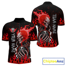 Load image into Gallery viewer, Red Flames Skull men's quarter-zip bowling polo featuring powerful flame graphics, custom bowling team jersey, personalized tournament apparel, professional bowling league uniform, athletic performance shirt
