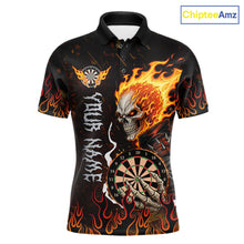 Load image into Gallery viewer, Red Flames Skull men's darts polo with skeleton graphics, personalized dart team jersey, custom tournament apparel, gothic championship sportswear, performance uniform
