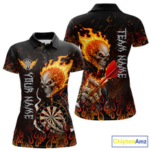 Load image into Gallery viewer, Red Flames Skull women's darts polo featuring skeleton and blazing flame artwork, custom dart tournament jersey, gothic league apparel, biker-inspired athletic performance clothing