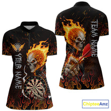 Load image into Gallery viewer, Women's Red Flames Skull quarter-zip darts jersey featuring fiery skeleton artwork, personalized tournament apparel, custom gothic league clothing, performance sportswear