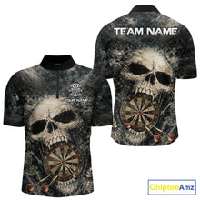 Load image into Gallery viewer, Grunge Horror Grey Skull Vintage Dartboard &amp; Arrow Men Darts 1/4-Zip Shirt Custom Dart League Shirts NYN2642