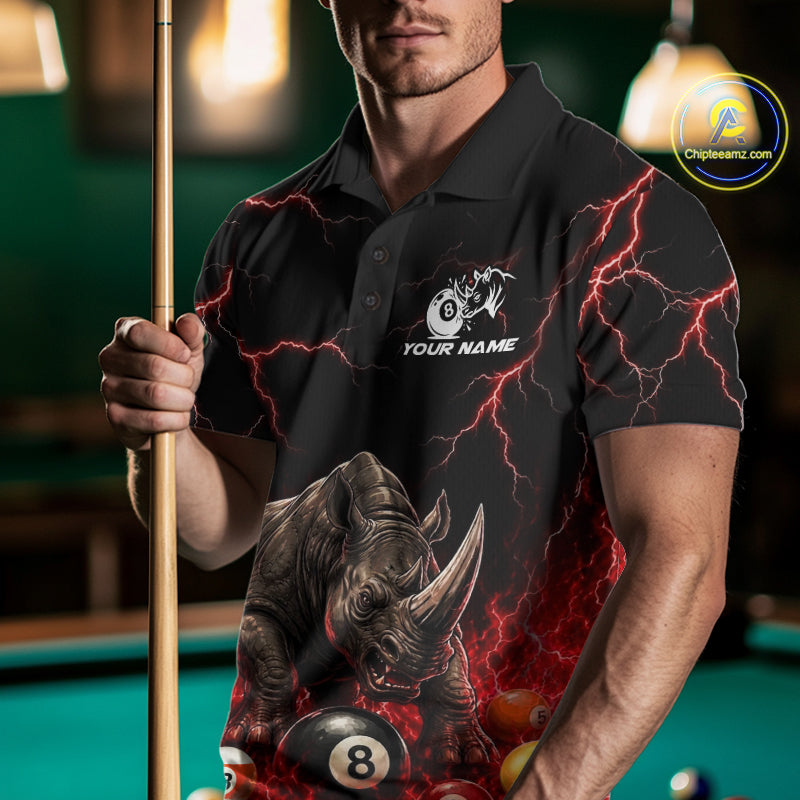 Funny Rhino Billiard 8 Ball Pool Shirt For Men Custom Thunder Lightning Billiard Team Jersey | Red NYN3437