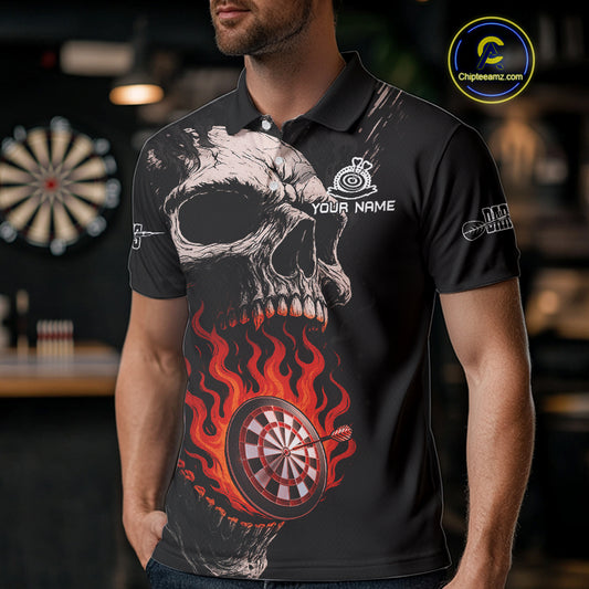 Custom Red Flames Skull Dartboard Dart Men Polo Shirt Grunge Dart Team Jerseys NYN1613