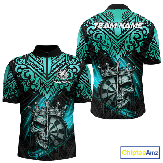 Teal Tribal Cracked Crown Skull Dartboard Men Darts 1/4-Zip Shirt Custom Dart League Shirt NYN2648