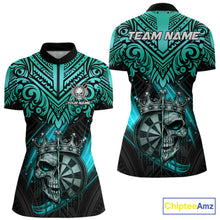 Load image into Gallery viewer, Teal Tribal Cracked Crown Skull Dartboard Women Darts 1/4-Zip Shirt Custom Dart League Shirt NYN2648