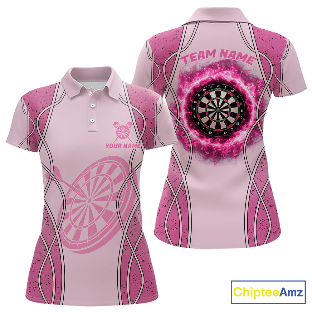 Personalized Grunge Pink Flaming Dartboard Women Darts Polo & 1/4-Zip Shirts Dart Team Jerseys NYN2810