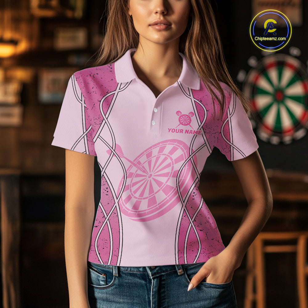 Personalized Grunge Pink Flaming Dartboard Women Darts Polo & 1/4-Zip Shirts Dart Team Jerseys NYN2810