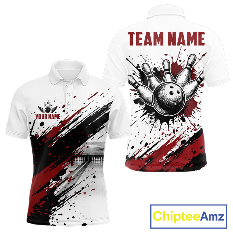 Black and red splatter paint bowling ball and pins shirt for men custom bowling attire