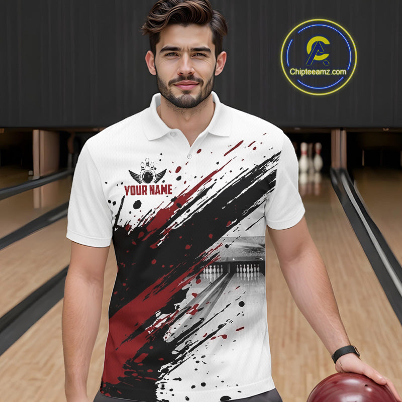 Black And Red Splatter Paint Bowling Ball & Pins Shirts Custom Team Bowling Attire For Men NYN3446