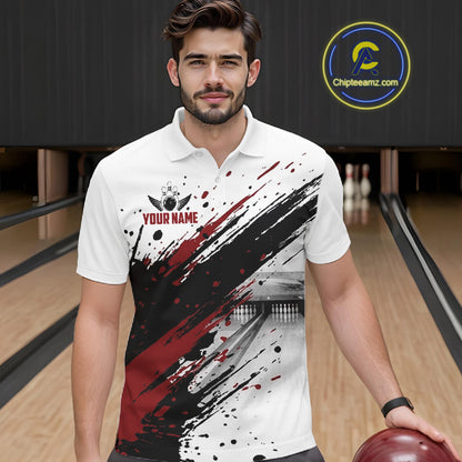 Black And Red Splatter Paint Bowling Ball & Pins Shirts Custom Team Bowling Attire For Men NYN3446