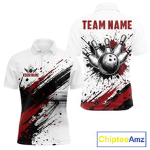 Load image into Gallery viewer, Black and red splatter paint bowling ball and pins shirt for men custom bowling attire