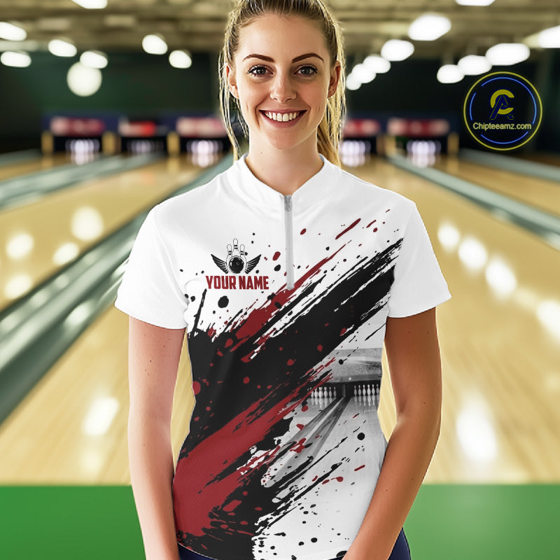 Black And Red Splatter Paint Bowling Ball & Pins Shirts Custom Team Bowling Attire For Women NYN3446