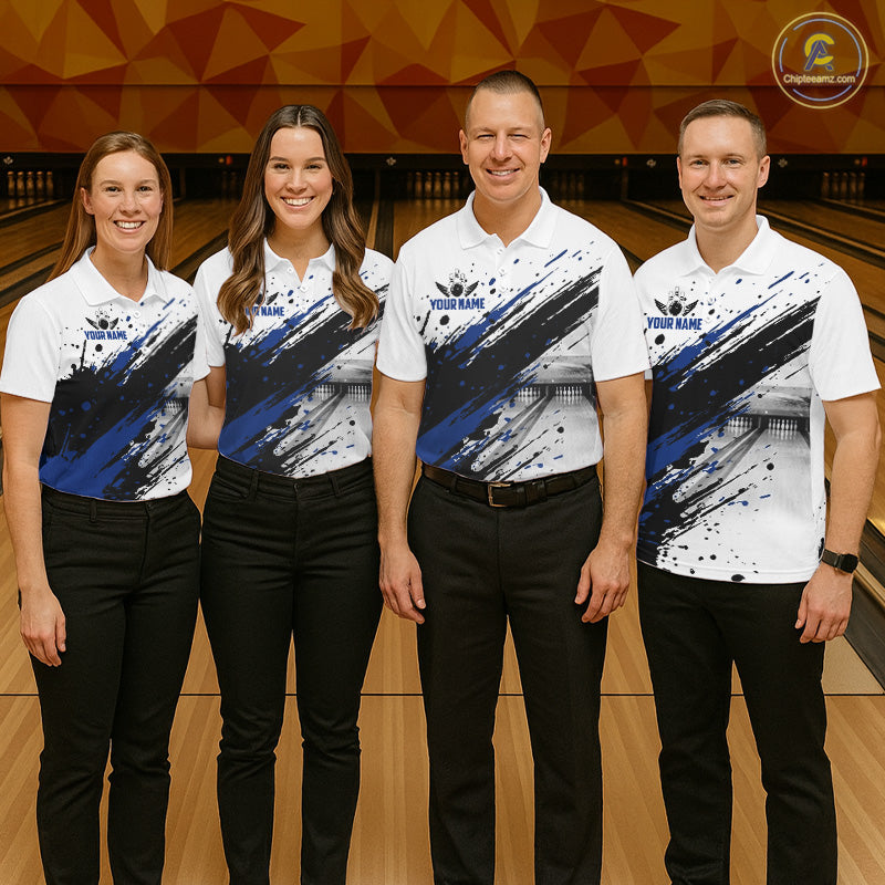 Black And Blue Splatter Paint Bowling Ball & Pins Shirts Custom Team Bowling Attire For Men NYN3447