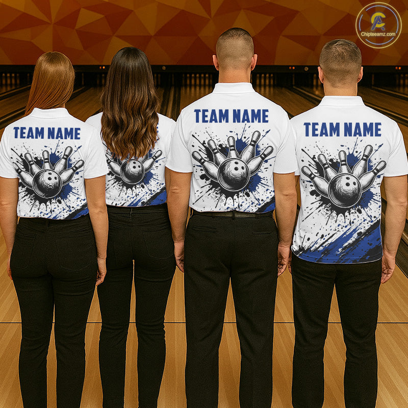 Black And Blue Splatter Paint Bowling Ball & Pins Shirts Custom Team Bowling Attire For Men NYN3447