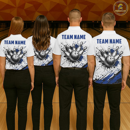 Black And Blue Splatter Paint Bowling Ball & Pins Shirts Custom Team Bowling Attire For Men NYN3447