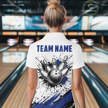 Load image into Gallery viewer, Black And Blue Splatter Paint Bowling Ball &amp; Pins Shirts Custom Team Bowling Attire For Women NYN3447
